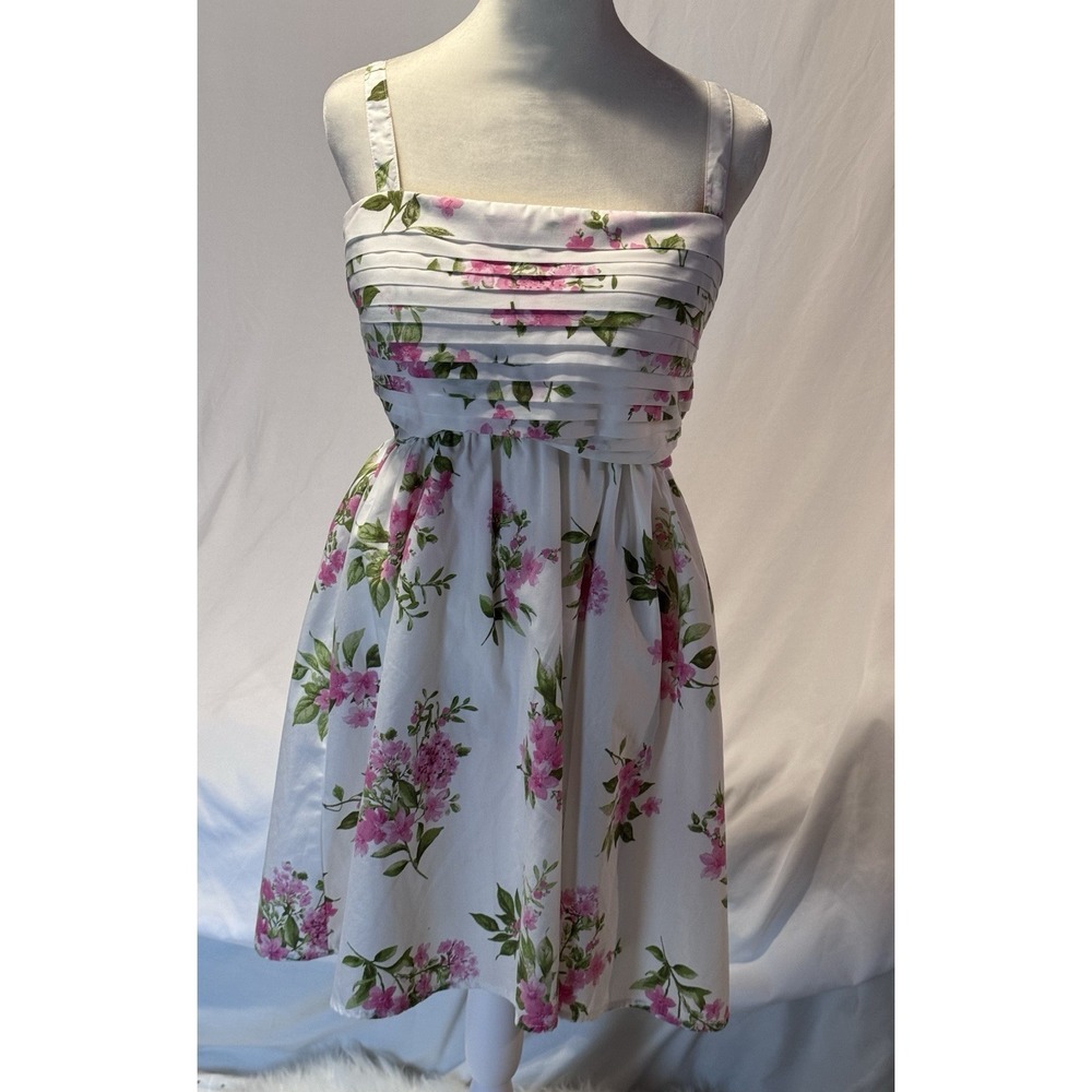 Blu Pepper size M Cottagecore Pink/White Floral Pleated Bust Fit Flare Sundress